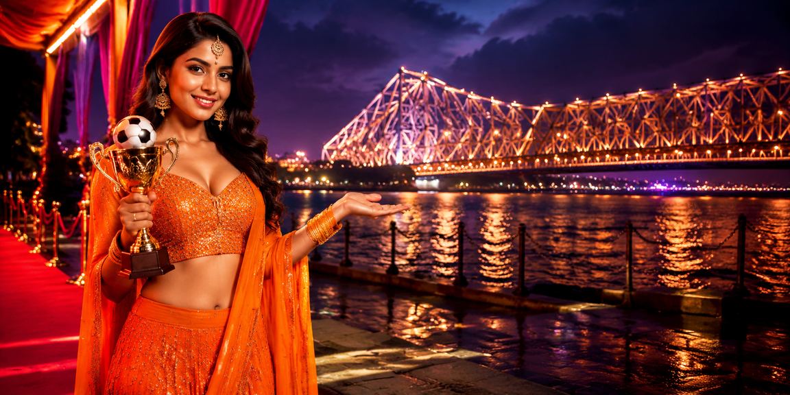 Night view of Kolkata Howrah Bridge with sports betting neon signs